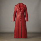 Women's Red Button-Down Genuine Leather Trench Coat
