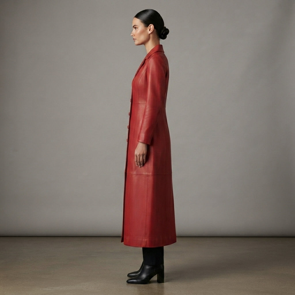 Women's Red Button-Down Genuine Leather Trench Coat