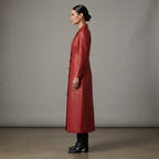 Women's Red Button-Down Genuine Leather Trench Coat