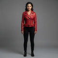 Women's Red Leather Biker Jacket with Quilted Sleeves & Belt