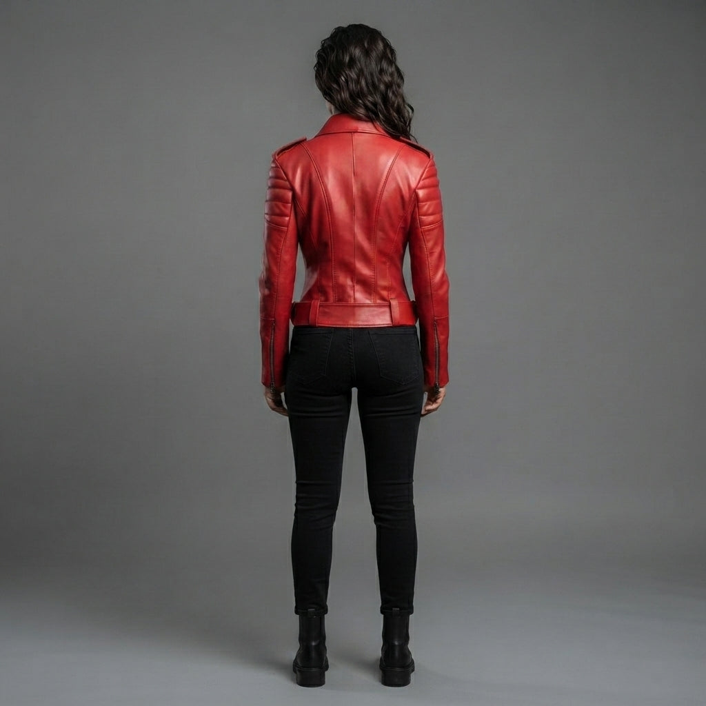 Women's Red Leather Biker Jacket with Quilted Sleeves & Belt