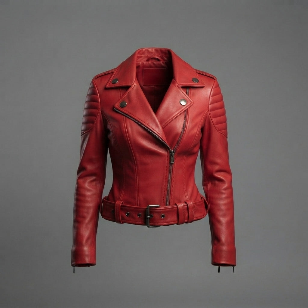 Women's Red Leather Biker Jacket with Quilted Sleeves & Belt