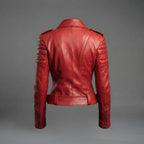 Women's Red Leather Biker Jacket with Quilted Sleeves & Belt