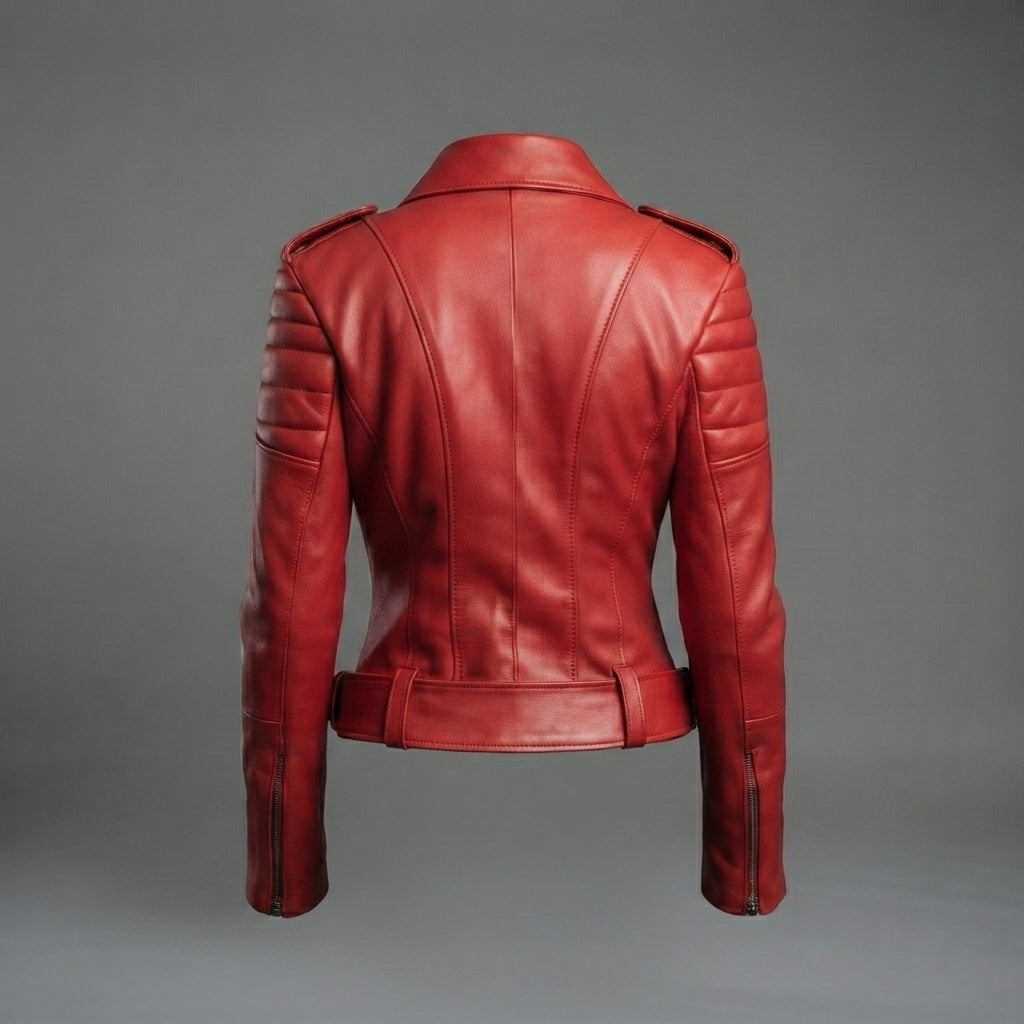 Women's Red Leather Biker Jacket with Quilted Sleeves & Belt