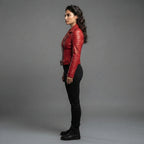 Women's Red Leather Biker Jacket with Quilted Sleeves & Belt