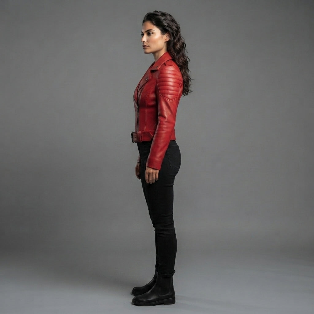 Women's Red Leather Biker Jacket with Quilted Sleeves & Belt