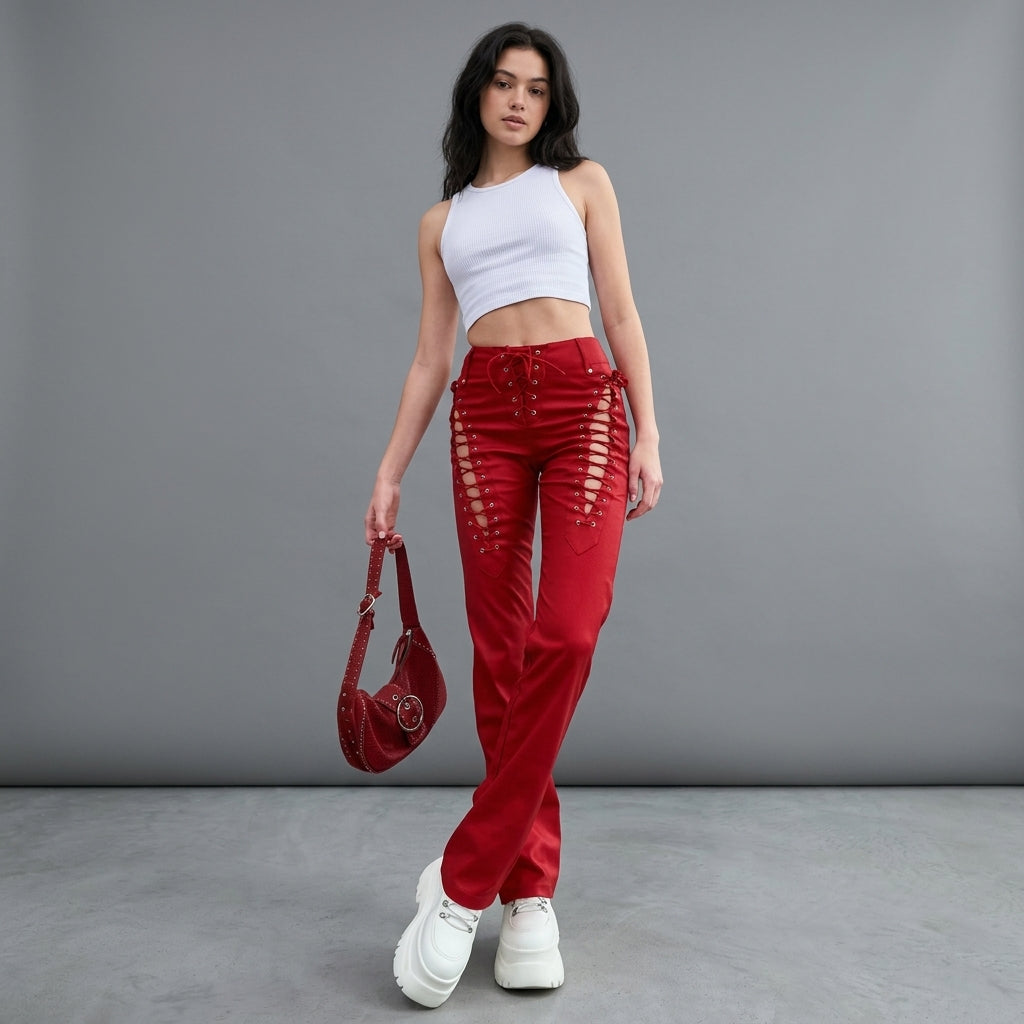 Women's Red Lace-Up Leather Pants