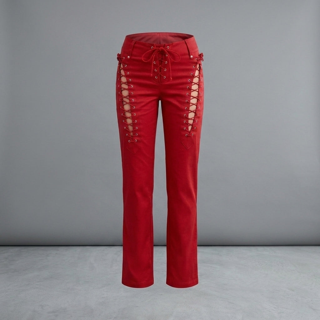 Women's Red Lace-Up Leather Pants