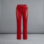 Women's Red Lace-Up Leather Pants