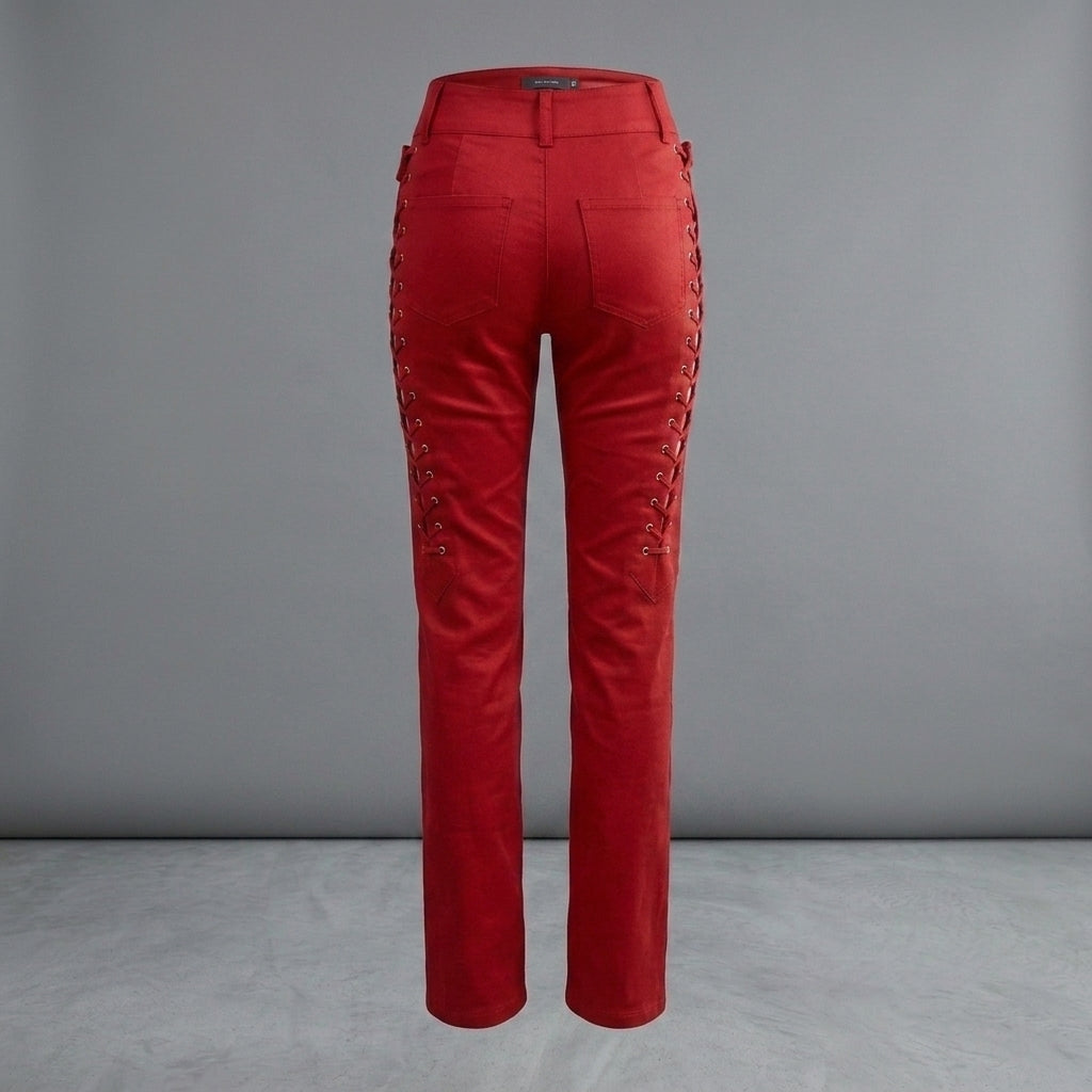 Women's Red Lace-Up Leather Pants