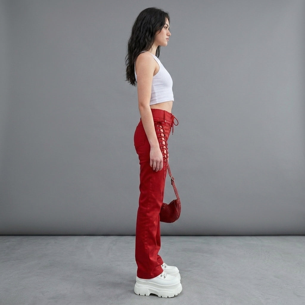 Women's Red Lace-Up Leather Pants