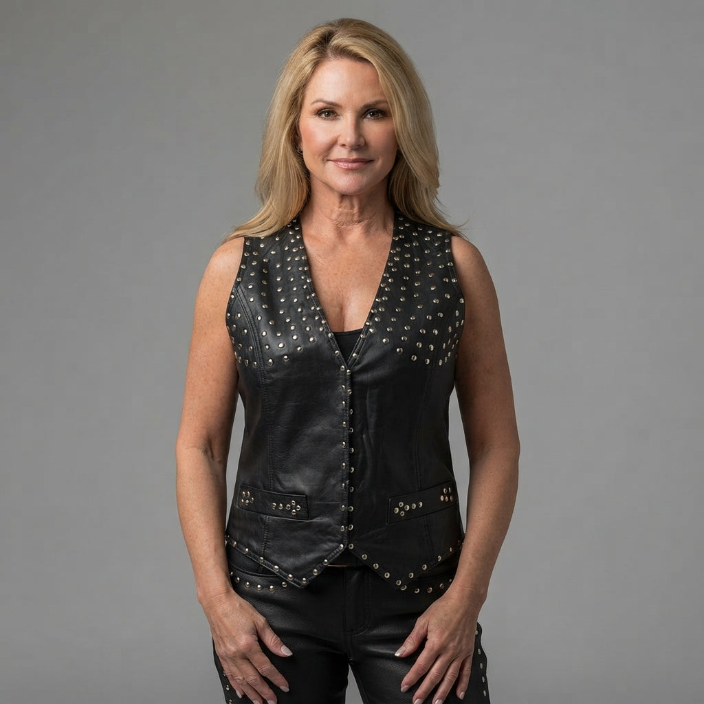 Women's Studded Black Leather Biker Vest