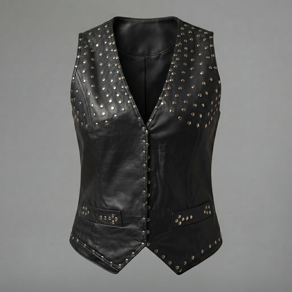 Women's Studded Black Leather Biker Vest