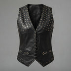 Women's Studded Black Leather Biker Vest