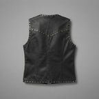 Women's Studded Black Leather Biker Vest