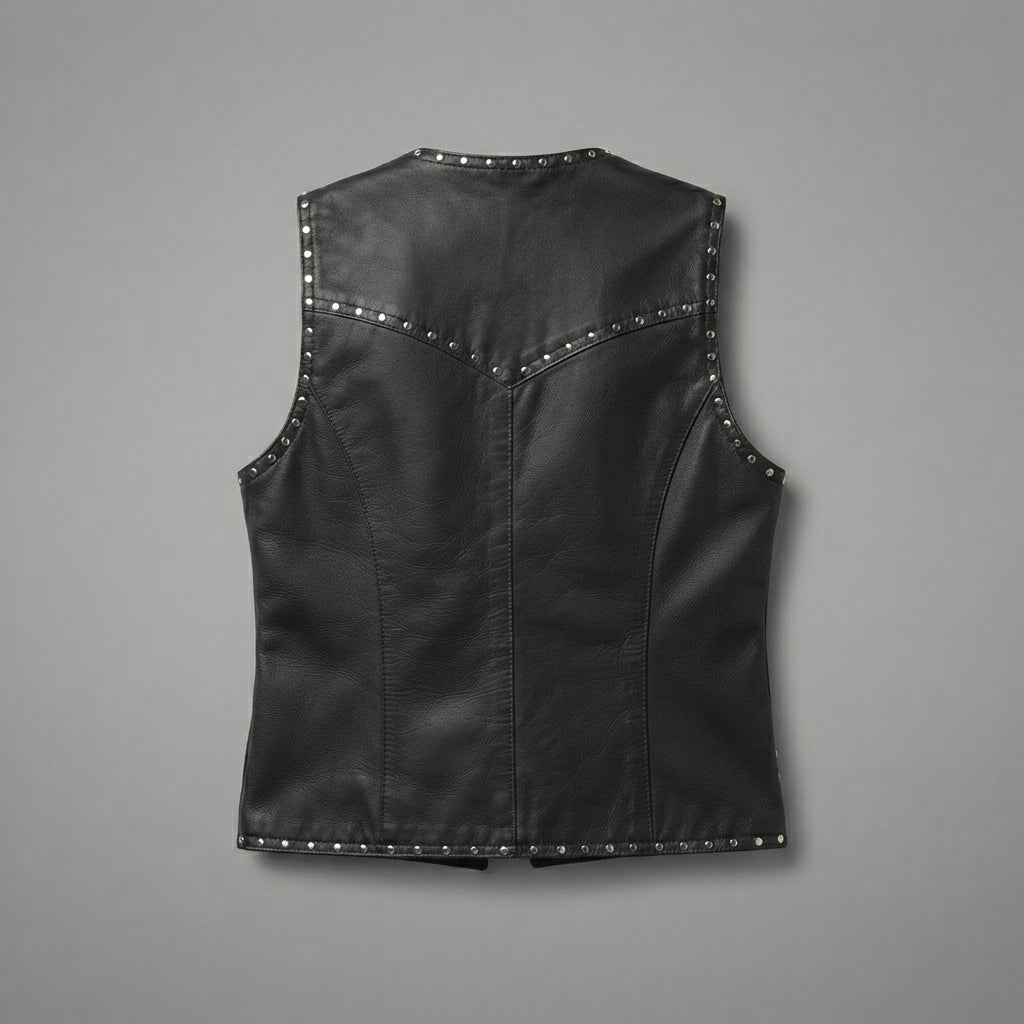 Women's Studded Black Leather Biker Vest