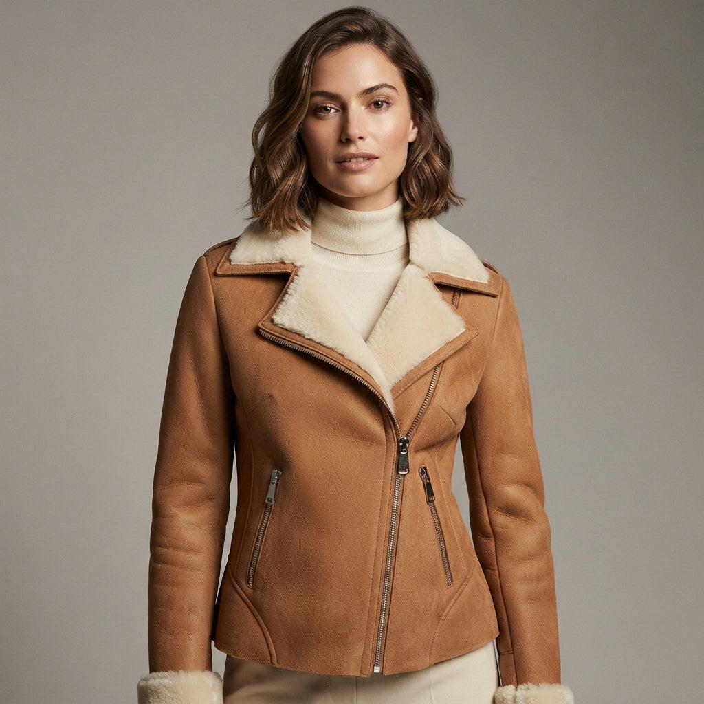 Women's Tan Suede Shearling Biker Jacket