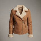 Women's Tan Suede Shearling Biker Jacket