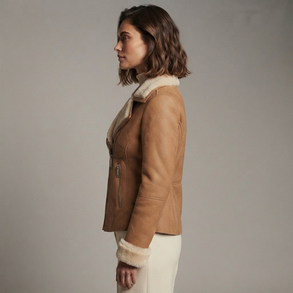 Women's Tan Suede Shearling Biker Jacket