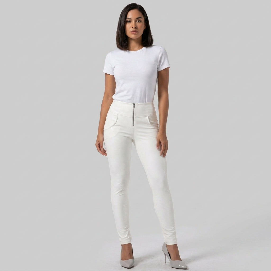 Women's White High-Waist Zip-Up Leather Pants