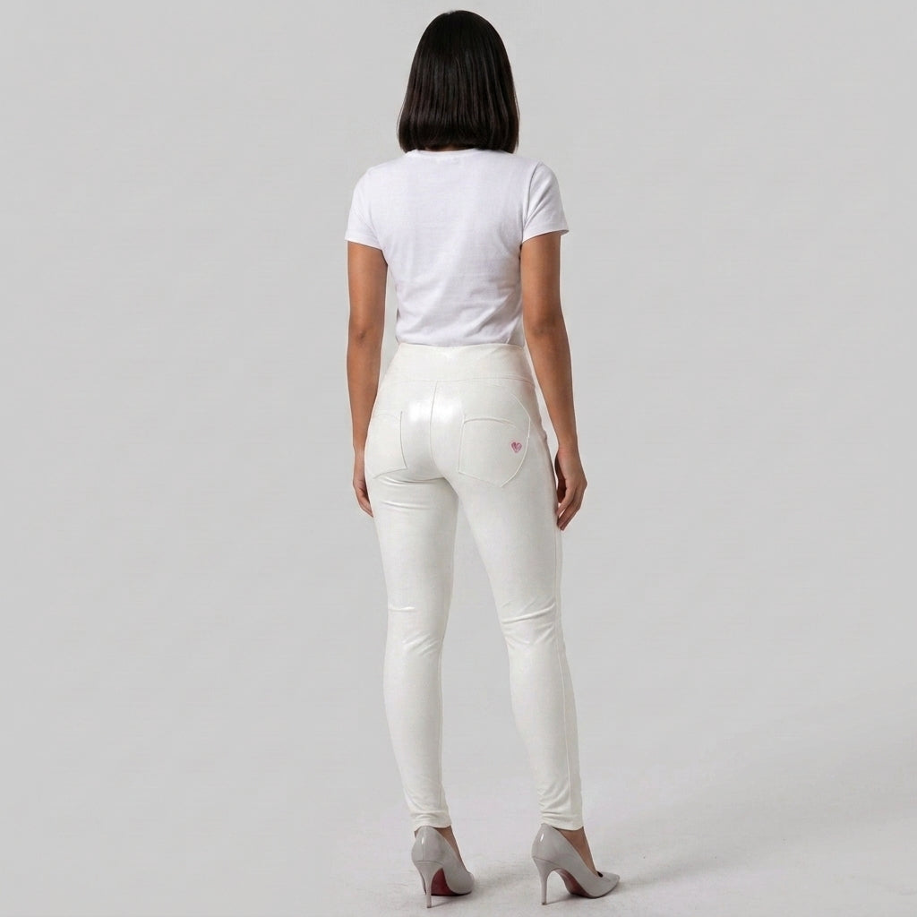 Women's White High-Waist Zip-Up Leather Pants