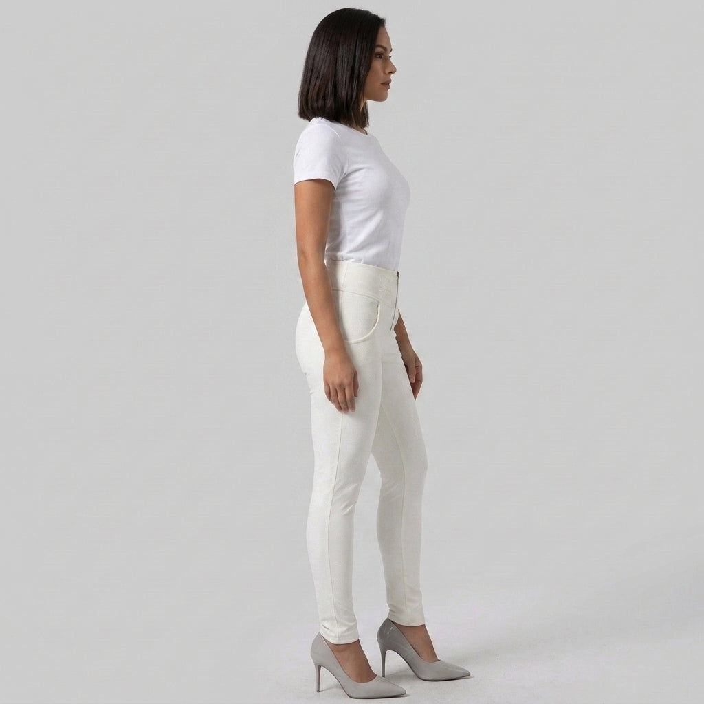Women's White High-Waist Zip-Up Leather Pants