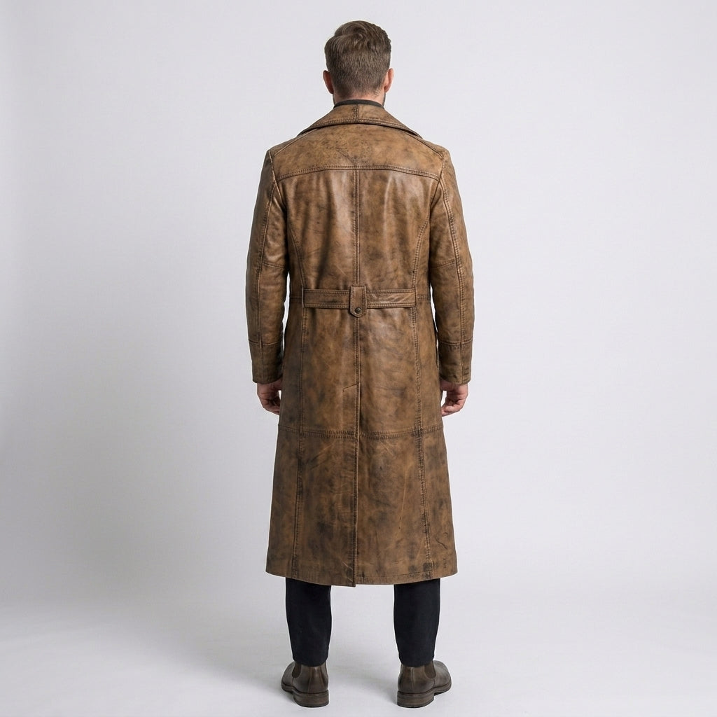 Men's Vintage Distressed Brown Leather Trench Coat
