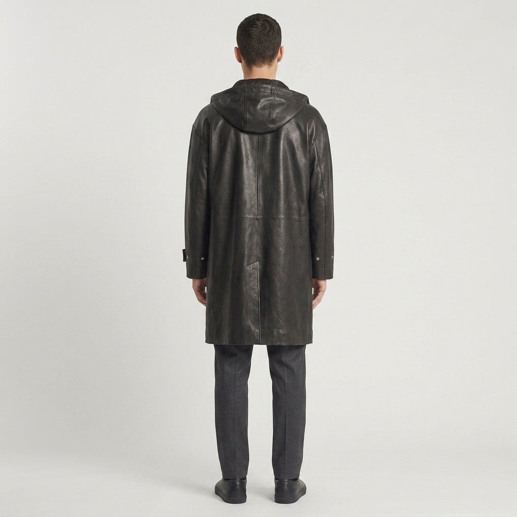 Black Hooded Leather Trench Coat with Beige Hood