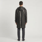 Black Hooded Leather Trench Coat with Beige Hood
