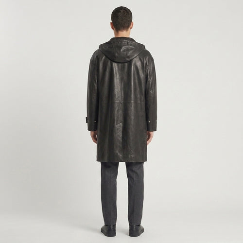 Black Hooded Leather Trench Coat with Beige Hood