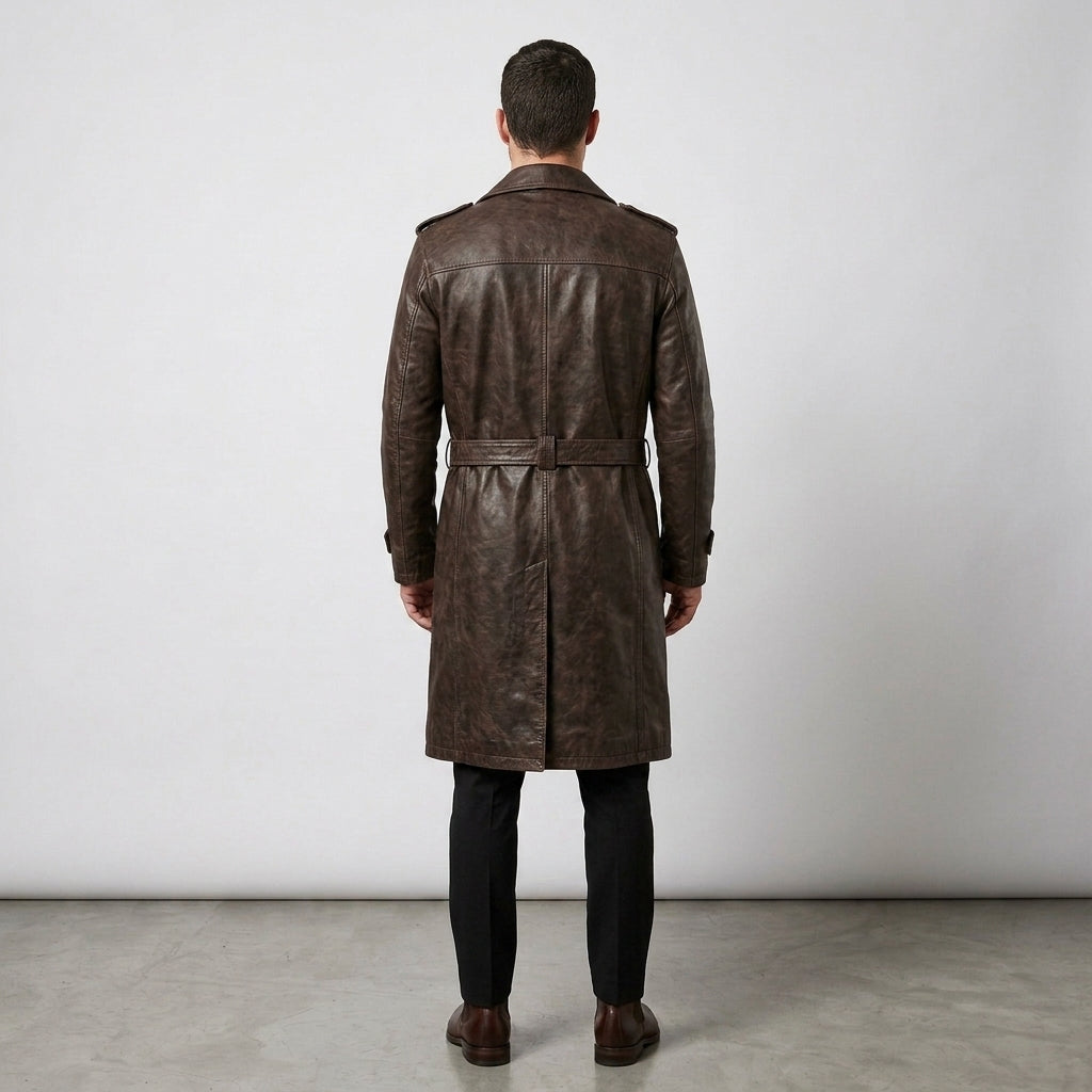 Men's Brown Double-Breasted Leather Trench Coat with Shearling Collar