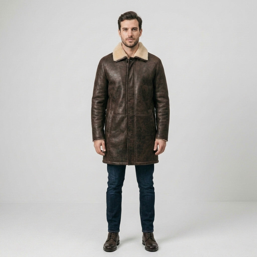 Men's Brown Leather Short Coat with Contrast Trim
