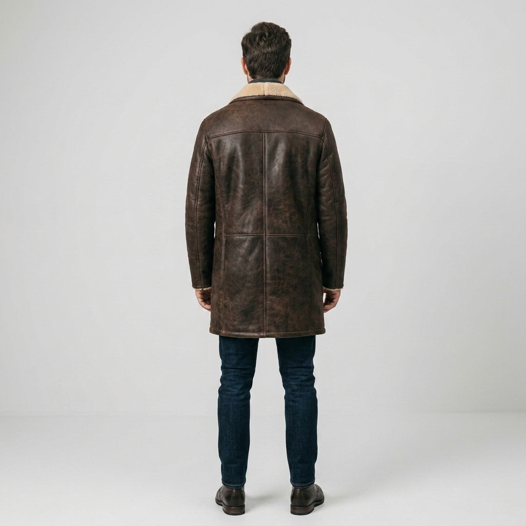 Men's Brown Leather Short Coat with Contrast Trim