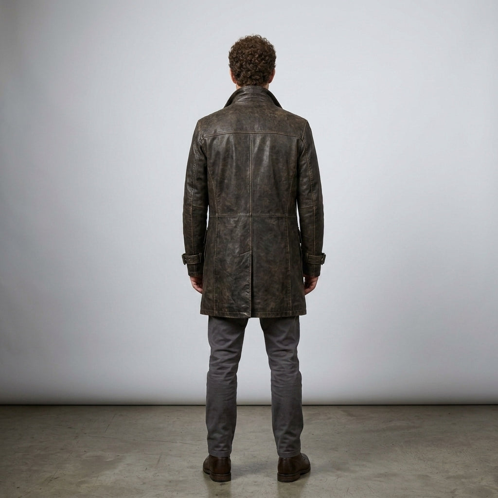 Men's Vintage Distressed Brown Double-Breasted Leather Trench Coat