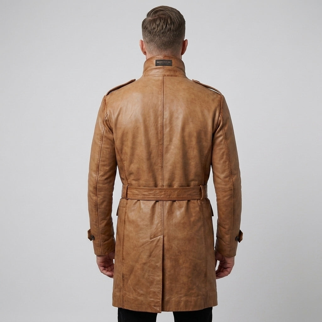 Royal Men's Tan Brown Leather Double-Breasted Trench Coat