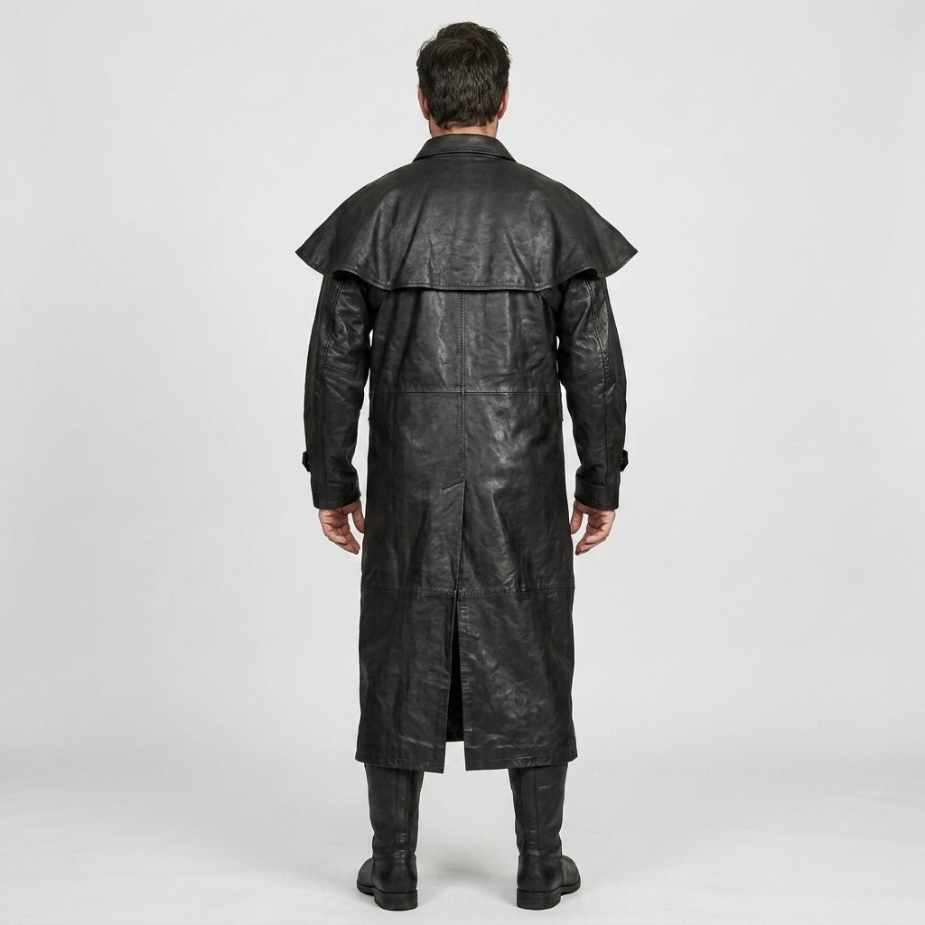 Men's Black Leather Trench Duster Coat with Removable Cape