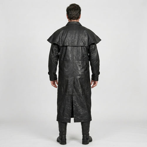 Black Leather Trench Duster Coat – Premium Long Leather Overcoat for Men