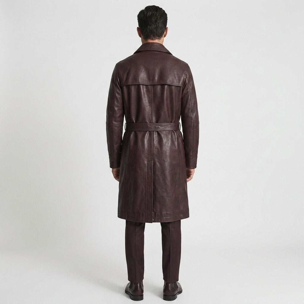 Men's Rich Brown Leather Trench Coat – Classic Long Leather Overcoat