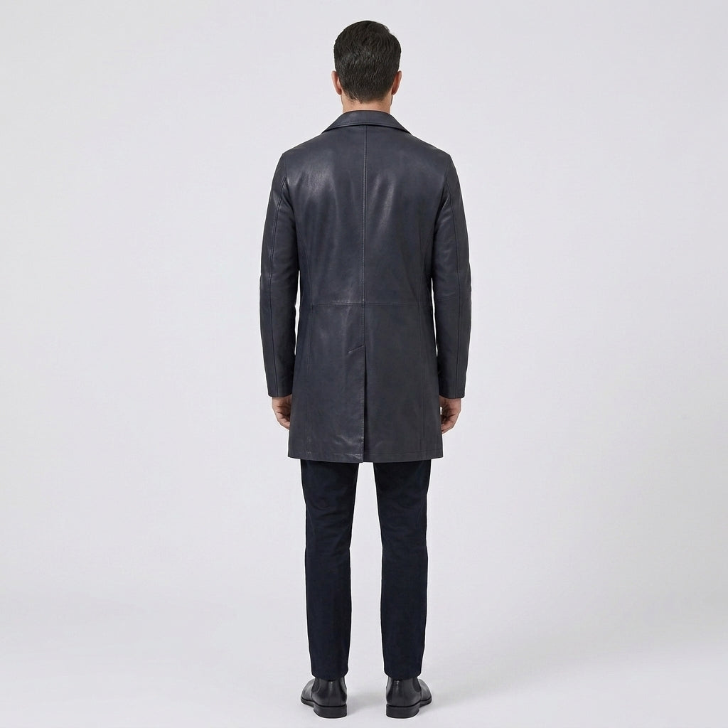 Men's Navy Blue Lambskin Leather Car Coat