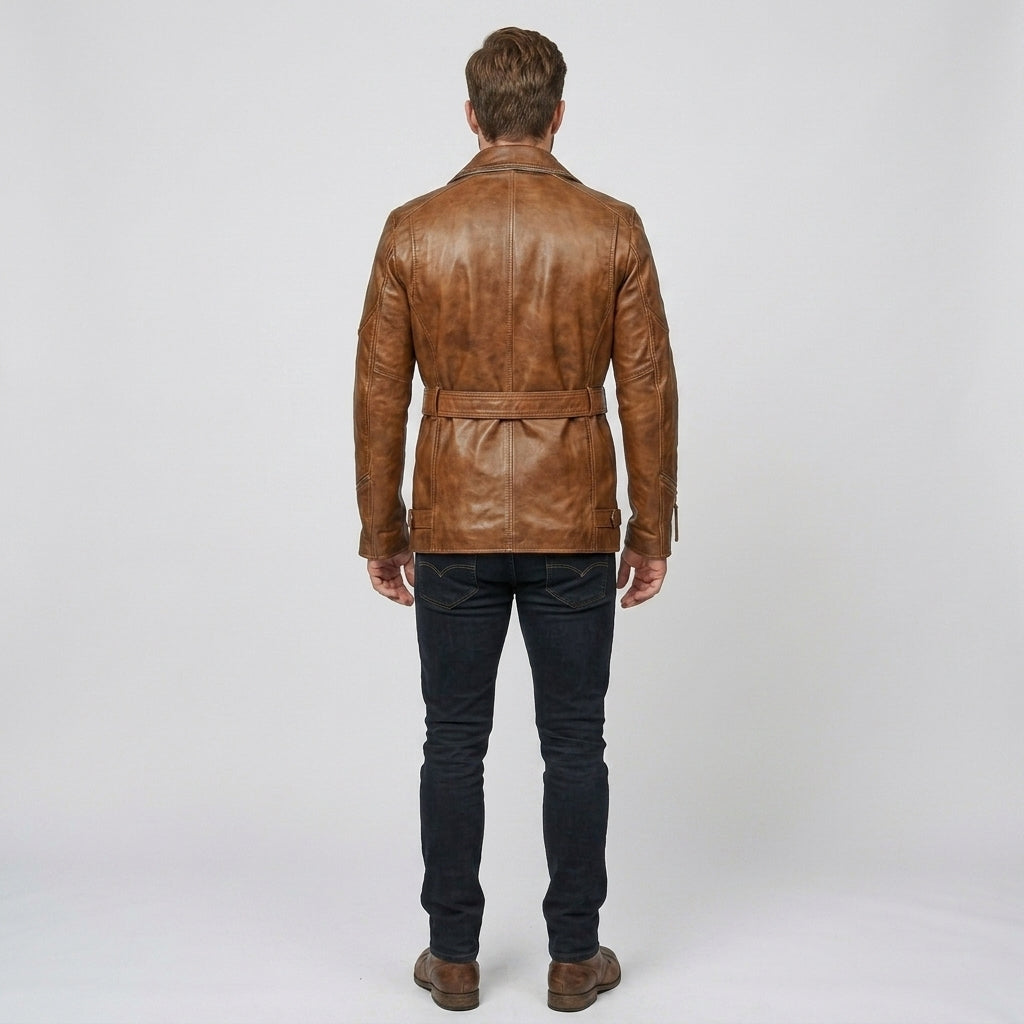 Men's Black Genuine Leather Trench Coat