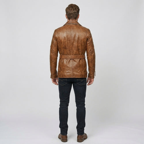 Men's Black Genuine Leather Trench Coat