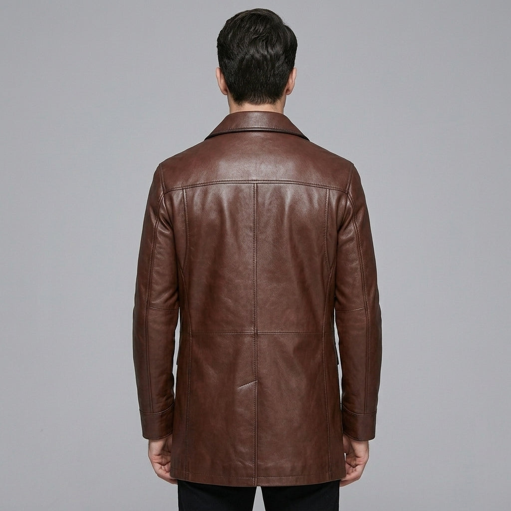 Men's Black Leather Blazer Four-Button Genuine Leather Trench Coat