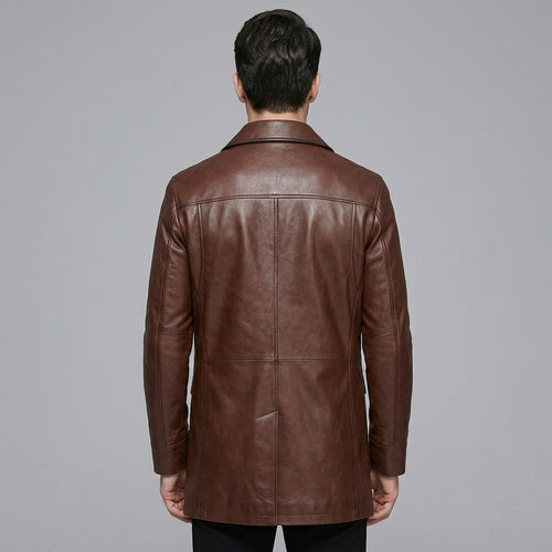 Men's Black Leather Blazer Four-Button Genuine Leather Trench Coat