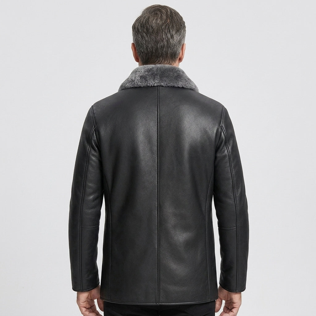 Men's Black Sheepskin Shearling Fur Leather Coat Jacket
