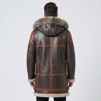 Men's Dark Brown Hooded Shearling Leather Coat