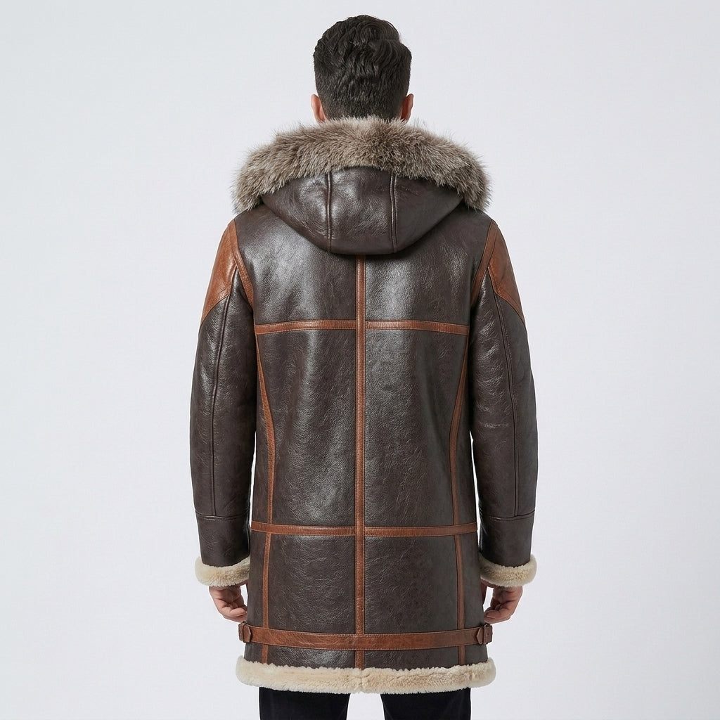 Men's Dark Brown Hooded Shearling Leather Coat