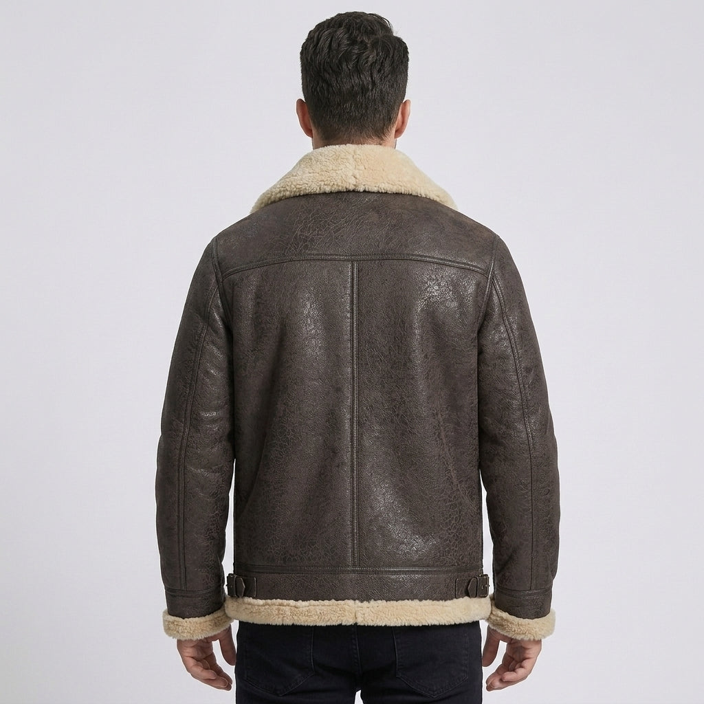 Men's Brown Distressed Sheepskin Leather Aviator Coat