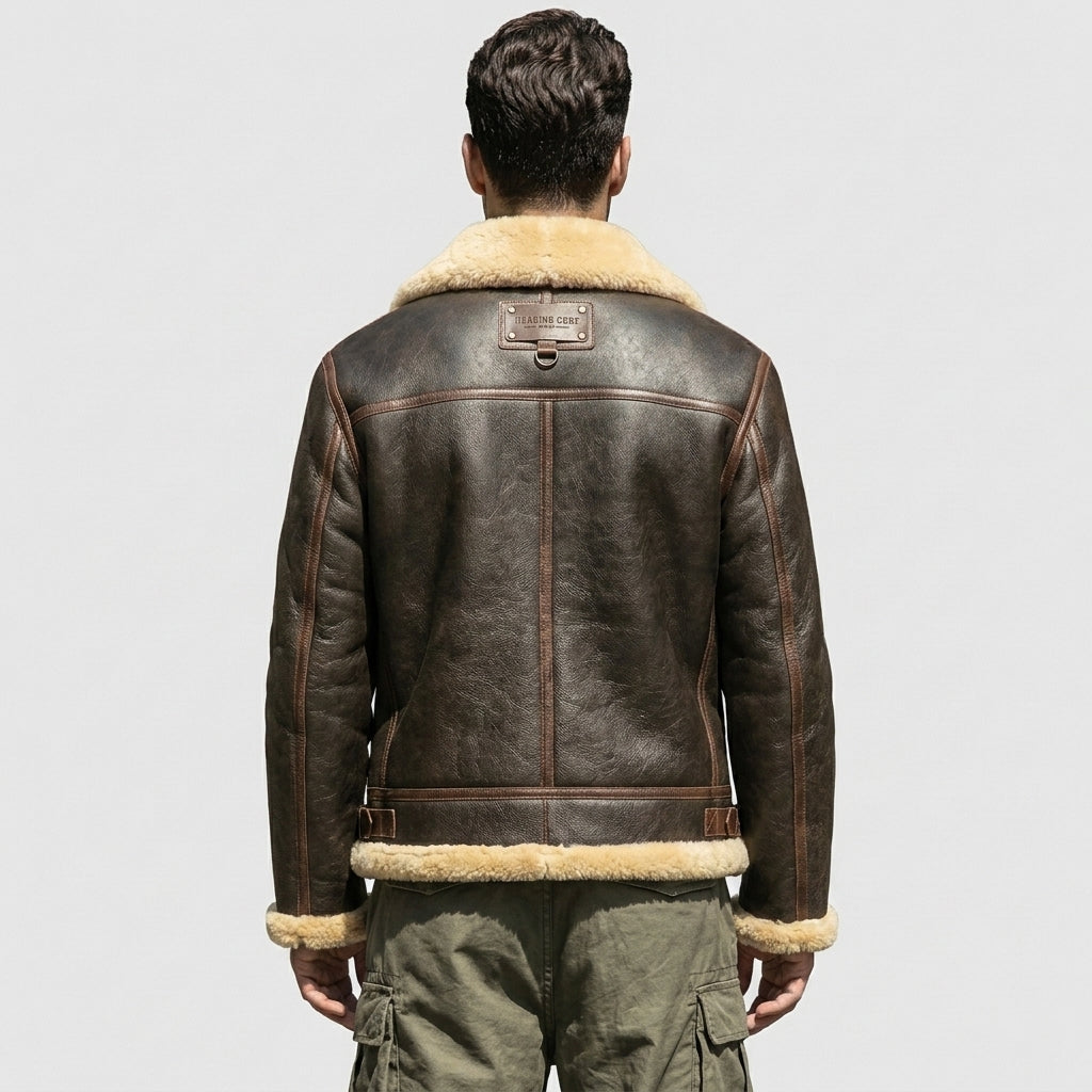 Men's Brown Sheepskin Flight Jacket with Sheepskin Lining