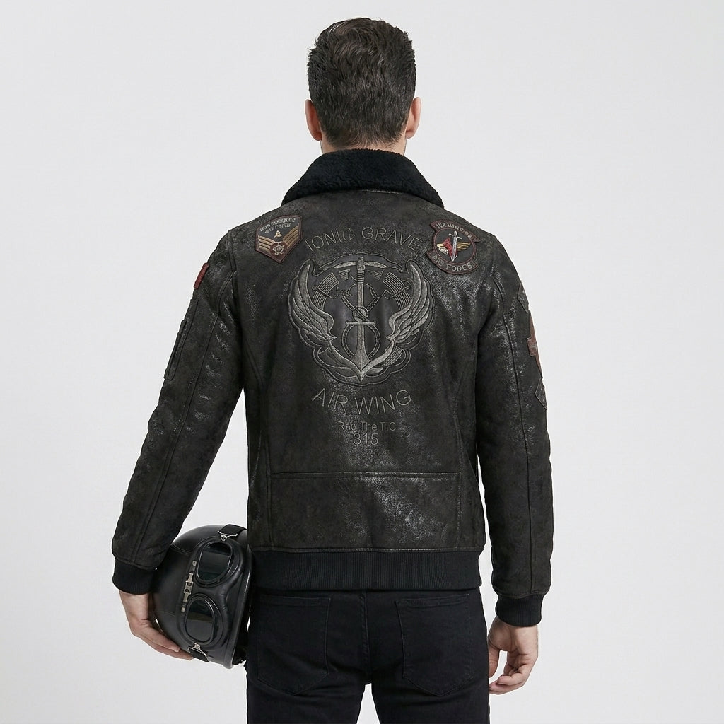 Men's Black Sheepskin Aviator Leather Jacket
