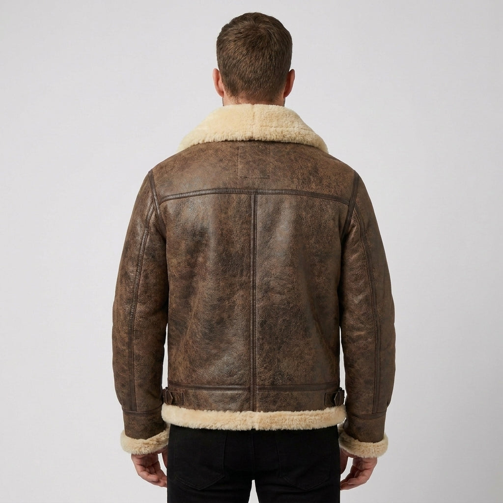Men's Brown Distressed B3 Shearling Leather Bomber Jacket